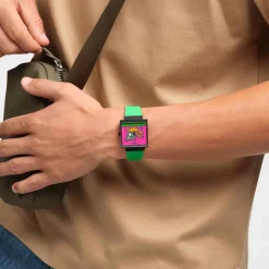 Swatch Break Time 41.8mm Square Multi Colour Dial Green Silicone Strap Watch