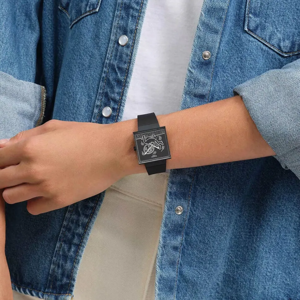 Swatch Break Time 41.8mm Square Black Dial Black Silicone Strap Watch