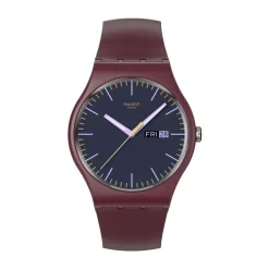 Swatch Burgundy Berry 41mm Grey Dial Brown Silicone Strap Watch