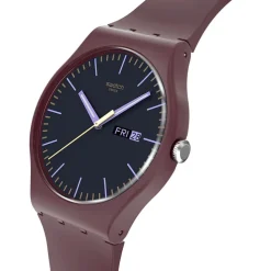 Swatch Burgundy Berry 41mm Grey Dial Brown Silicone Strap Watch