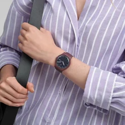 Swatch Burgundy Berry 41mm Grey Dial Brown Silicone Strap Watch