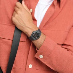Swatch Coblestone Street 41mm Black Dial Silicone Strap Watch