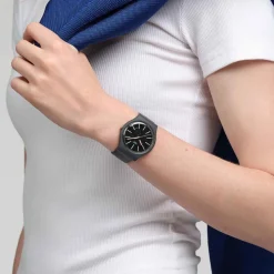 Swatch Coblestone Street 41mm Black Dial Silicone Strap Watch