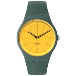 Swatch Gold in The Garden 41mm Yellow Dial Green Strap Watch