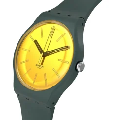 Swatch Gold in The Garden 41mm Yellow Dial Green Strap Watch