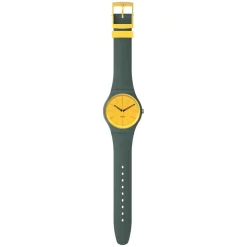 Swatch Gold in The Garden 41mm Yellow Dial Green Strap Watch