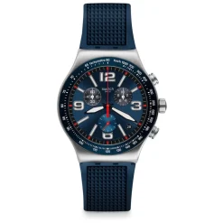 Swatch Irony Blue Grid 43mm Chronograph Steel Case Silicone Strap Watch