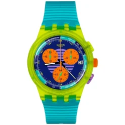 Swatch Neon Wave Chronograph 42mm Multi-Coloured Dial Blue Silicone Strap Watch
