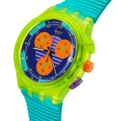 Swatch Neon Wave Chronograph 42mm Multi-Coloured Dial Blue Silicone Strap Watch
