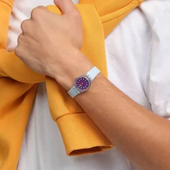 Swatch Powder Plum 25mm Purple Dial Blue Strap Watch