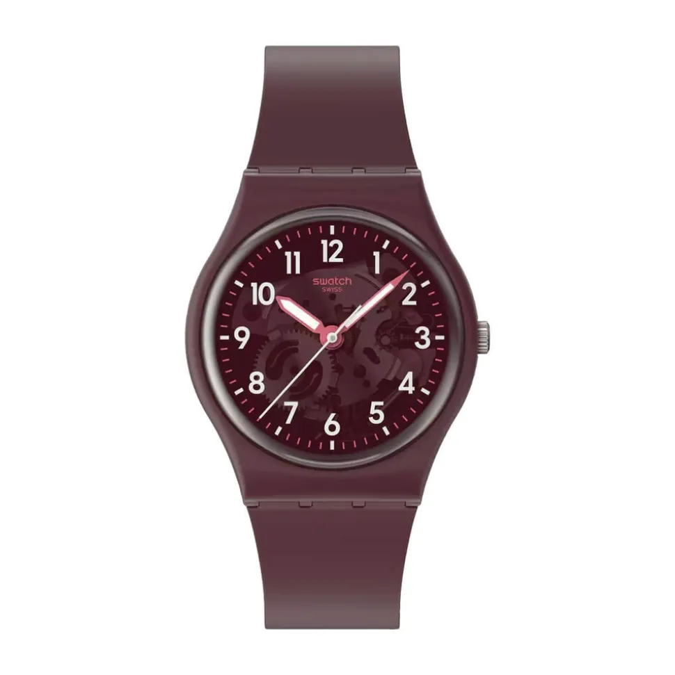 Swatch Thru The Crown Glass 34mm Burgundy Dial Silicone Strap Watch