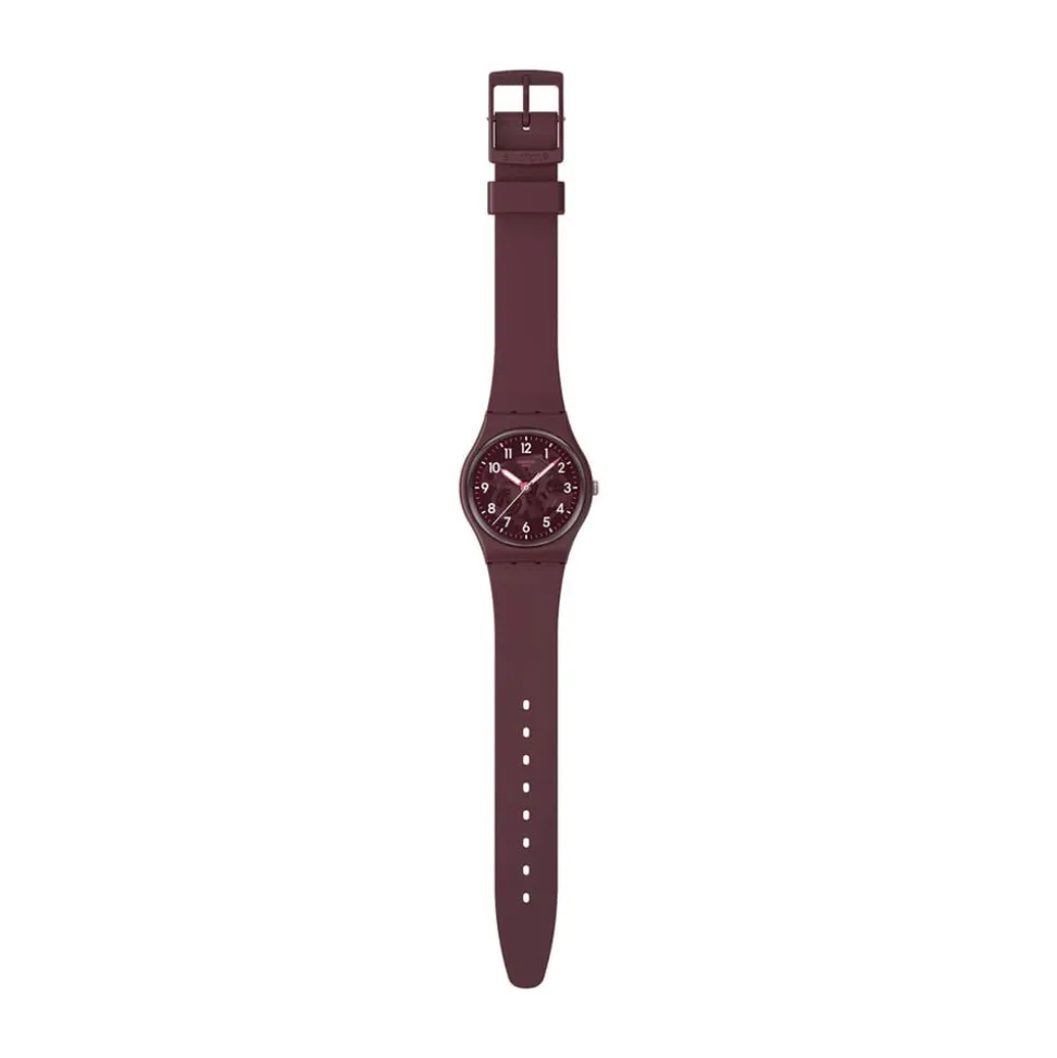 Swatch Thru The Crown Glass 34mm Burgundy Dial Silicone Strap Watch