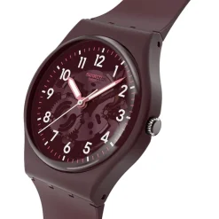 Swatch Thru The Crown Glass 34mm Burgundy Dial Silicone Strap Watch