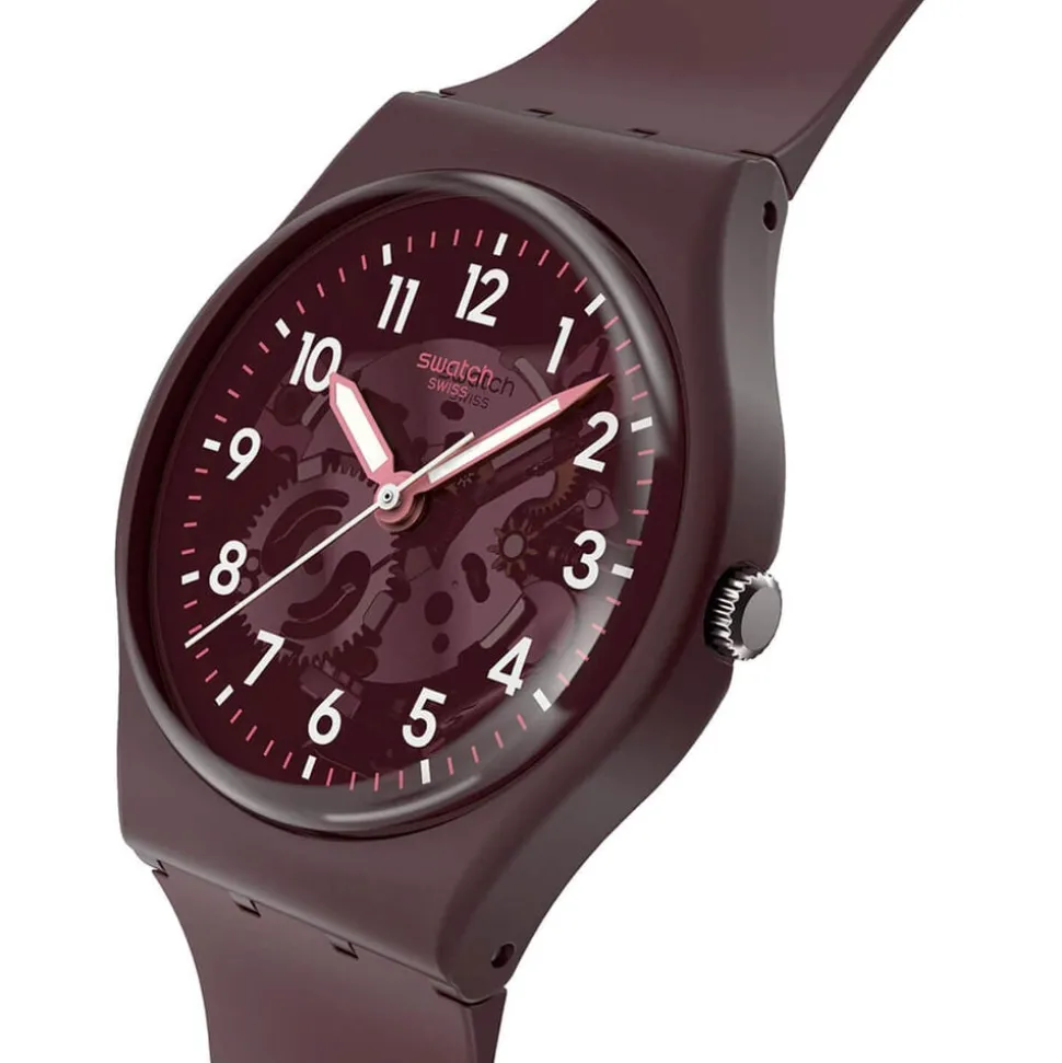 Swatch Thru The Crown Glass 34mm Burgundy Dial Silicone Strap Watch