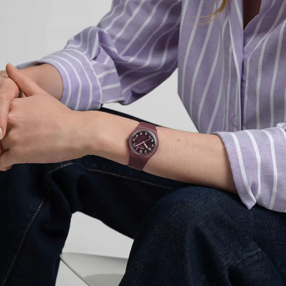 Swatch Thru The Crown Glass 34mm Burgundy Dial Silicone Strap Watch