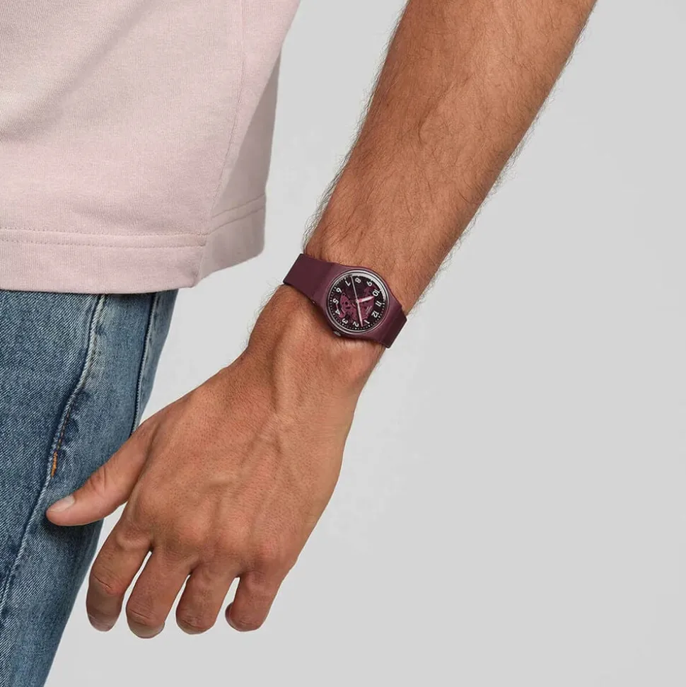 Swatch Thru The Crown Glass 34mm Burgundy Dial Silicone Strap Watch
