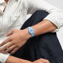Swatch Trendy Lines in The Sky 34mm Light Blue Dial Strap Watch
