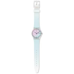 Swatch Ultraceil 34mm White Case Pink Dial Blue Silicone Strap Ladies Watch