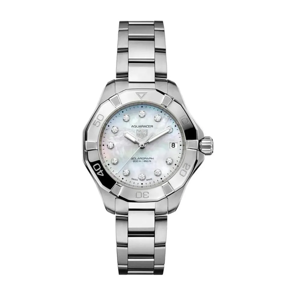 TAG Heuer Aquaracer Professional 200 Solargraph 34mm MOP Dial Diamond Dots Steel Bracelet Watch