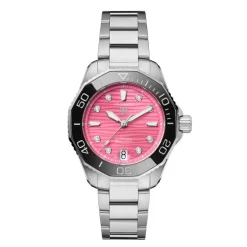TAG Heuer Aquaracer Professional 300 Date 36mm Pink Dial Diamond Dots Rubber Strap Watch