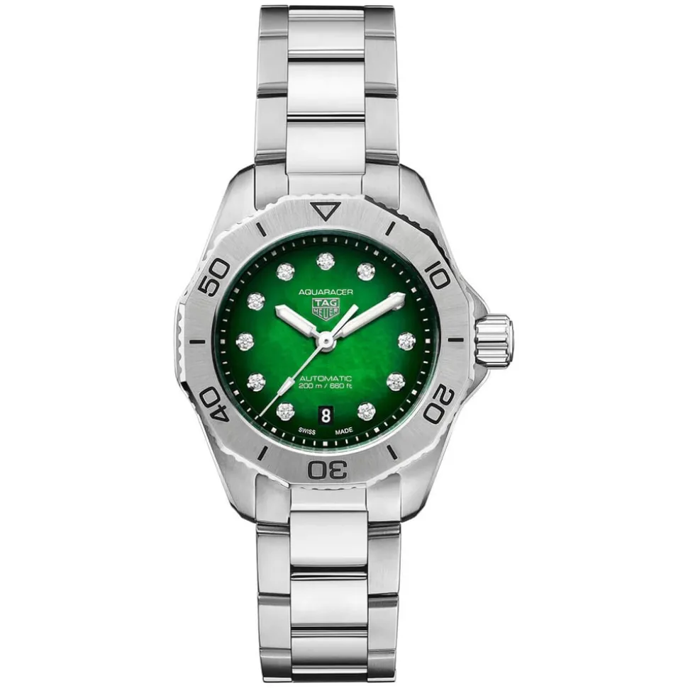 TAG Heuer Aquaracer Professional 200 Date 30mm Green Dial Diamond Dots Steel Bracelet Watch