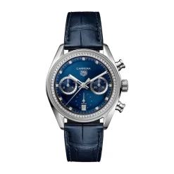 TAG Heuer Carrera Chronograph 39mm Blue Dial Diamond Dots Leather Strap Watch