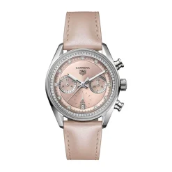 TAG Heuer Carrera Chronograph 39mm Pink Dial Diamond Dots Leather Strap Watch
