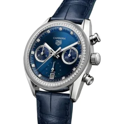 TAG Heuer Carrera Chronograph 39mm Blue Dial Diamond Dots Leather Strap Watch