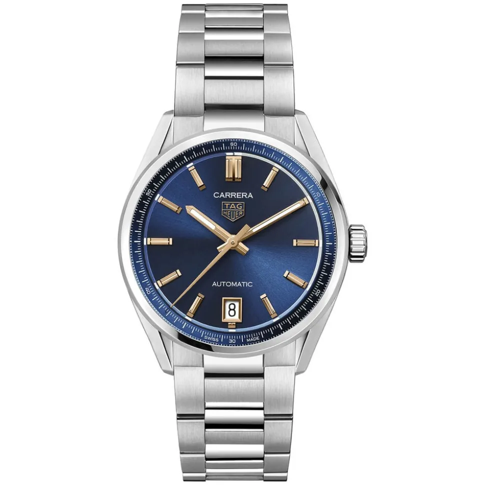 TAG Heuer Carrera Date 36mm Blue Dial Rose Gold Index Stainless Steel Bracelet Watch