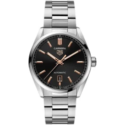 TAG Heuer Carrera Date 39mm Black Dial Rose Gold Index Stainless Steel Bracelet Watch