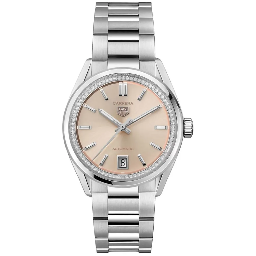 TAG Heuer Carrera Date 36mm Pink Dial Diamond Bezel Stainless Steel Bracelet Watch