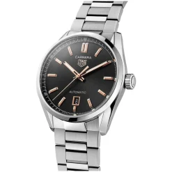 TAG Heuer Carrera Date 39mm Black Dial Rose Gold Index Stainless Steel Bracelet Watch