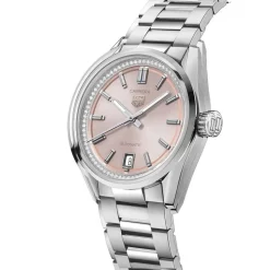 TAG Heuer Carrera Date 36mm Pink Dial Diamond Bezel Stainless Steel Bracelet Watch