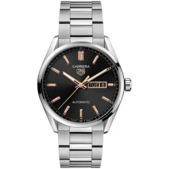 TAG Heuer Carrera Day-Date 41mm Black Dial Rose Gold Index Stainless Steel Bracelet Watch