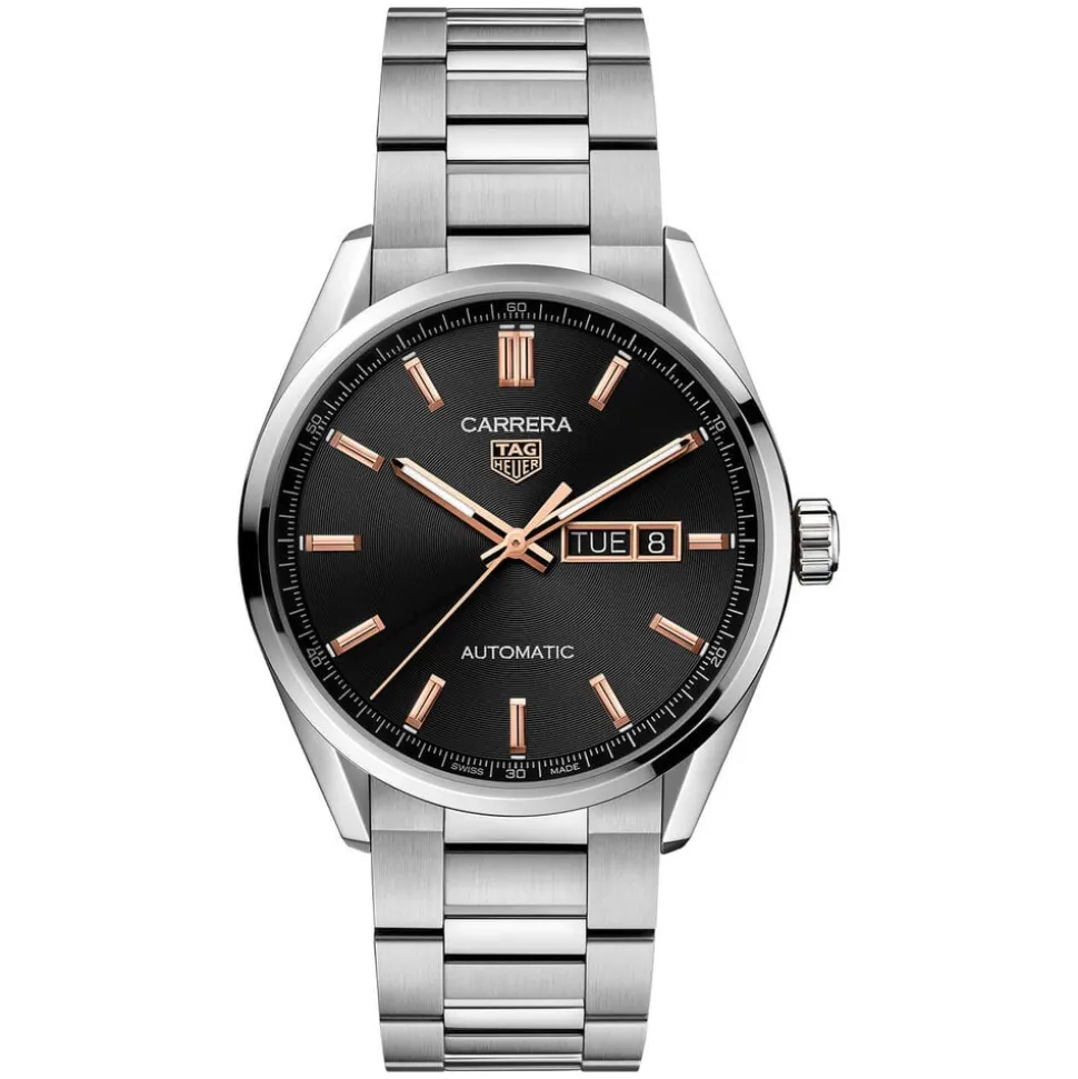 TAG Heuer Carrera Day-Date 41mm Black Dial Rose Gold Index Stainless Steel Bracelet Watch