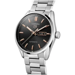TAG Heuer Carrera Day-Date 41mm Black Dial Rose Gold Index Stainless Steel Bracelet Watch