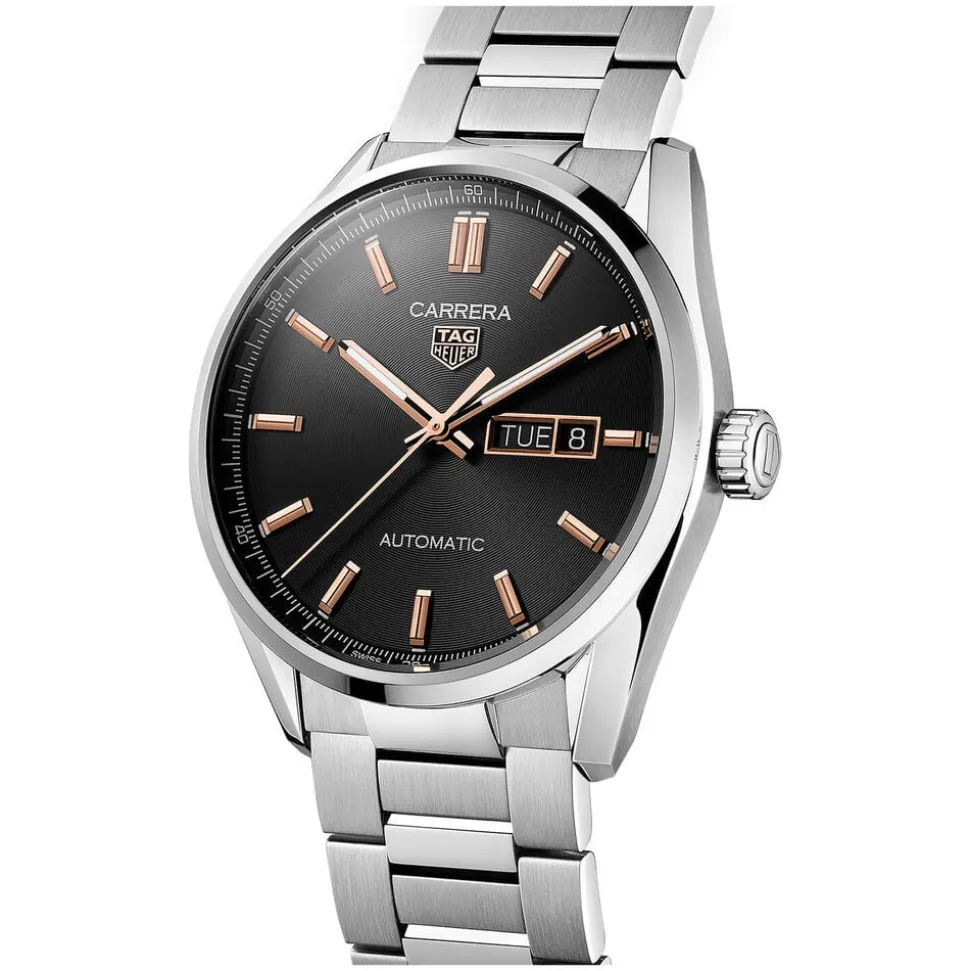 TAG Heuer Carrera Day-Date 41mm Black Dial Rose Gold Index Stainless Steel Bracelet Watch