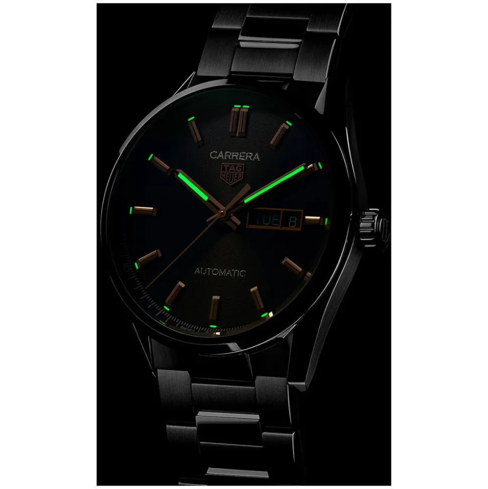 TAG Heuer Carrera Day-Date 41mm Black Dial Rose Gold Index Stainless Steel Bracelet Watch