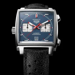 TAG Heuer Monaco Chronograph 39mm Blue Dial Black Leather Strap Watch