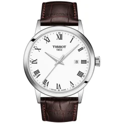 Tissot Classic Dream 42mm White Dial Roman Numerals Steel Case Brown Strap Watch