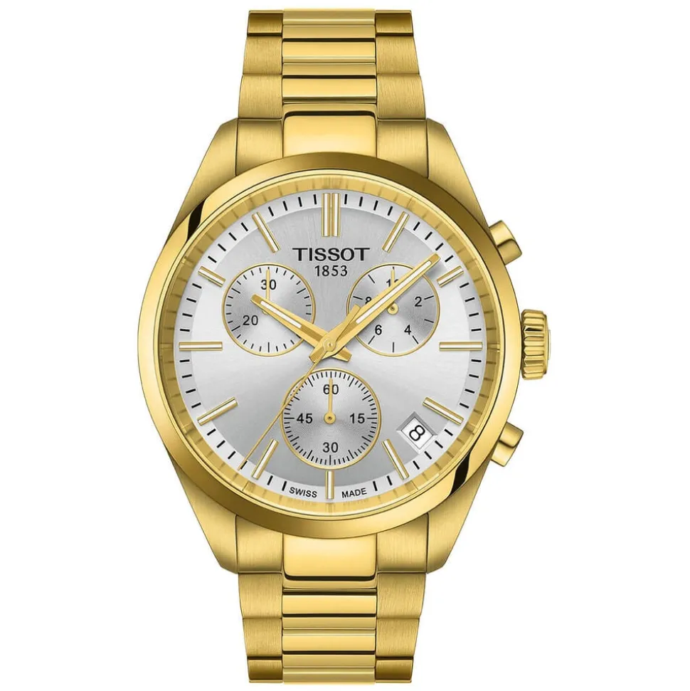 Tissot PR 100 Chronograph 40mm Silver Dial Yellow Gold PVD Steel Bracelet Watch