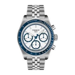 Tissot PR516 Chronograph 41mm White Dial Blue Bezel Steel Bracelet Watch
