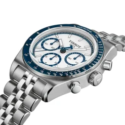 Tissot PR516 Chronograph 41mm White Dial Blue Bezel Steel Bracelet Watch