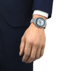 Tissot PR516 Chronograph 41mm White Dial Blue Bezel Steel Bracelet Watch