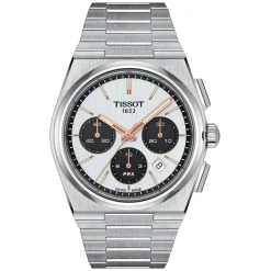 Tissot PRX Chronograph 42mm Automatic White Dial Rose Gold Indexes Steel Case Bracelet Watch