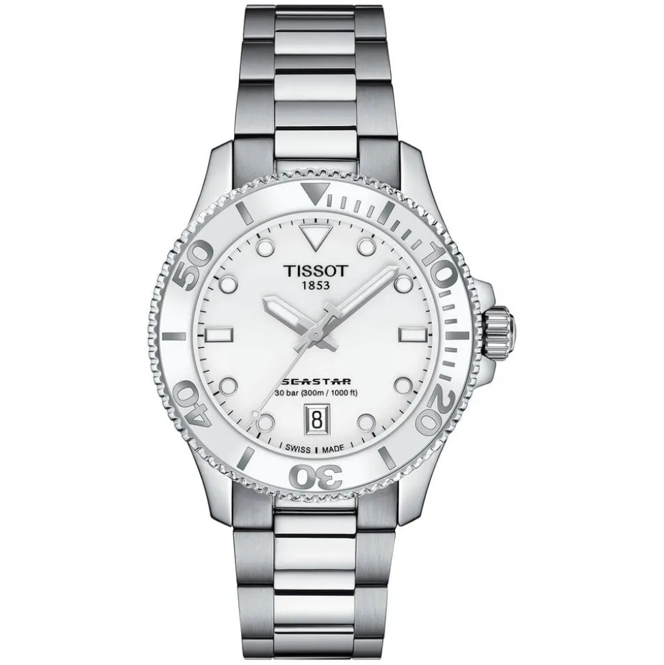 Tissot Seastar 1000 35.5mm Quartz White Dial Steel Case Steel & White Rubber Bracelet Set Watch