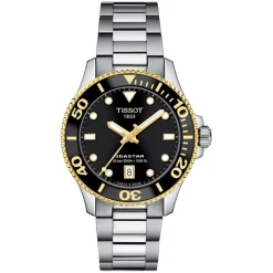 Tissot Seastar 1000 36mm Quartz Black Dial Yellow Gold PVD Case Steel Bracelet Watch