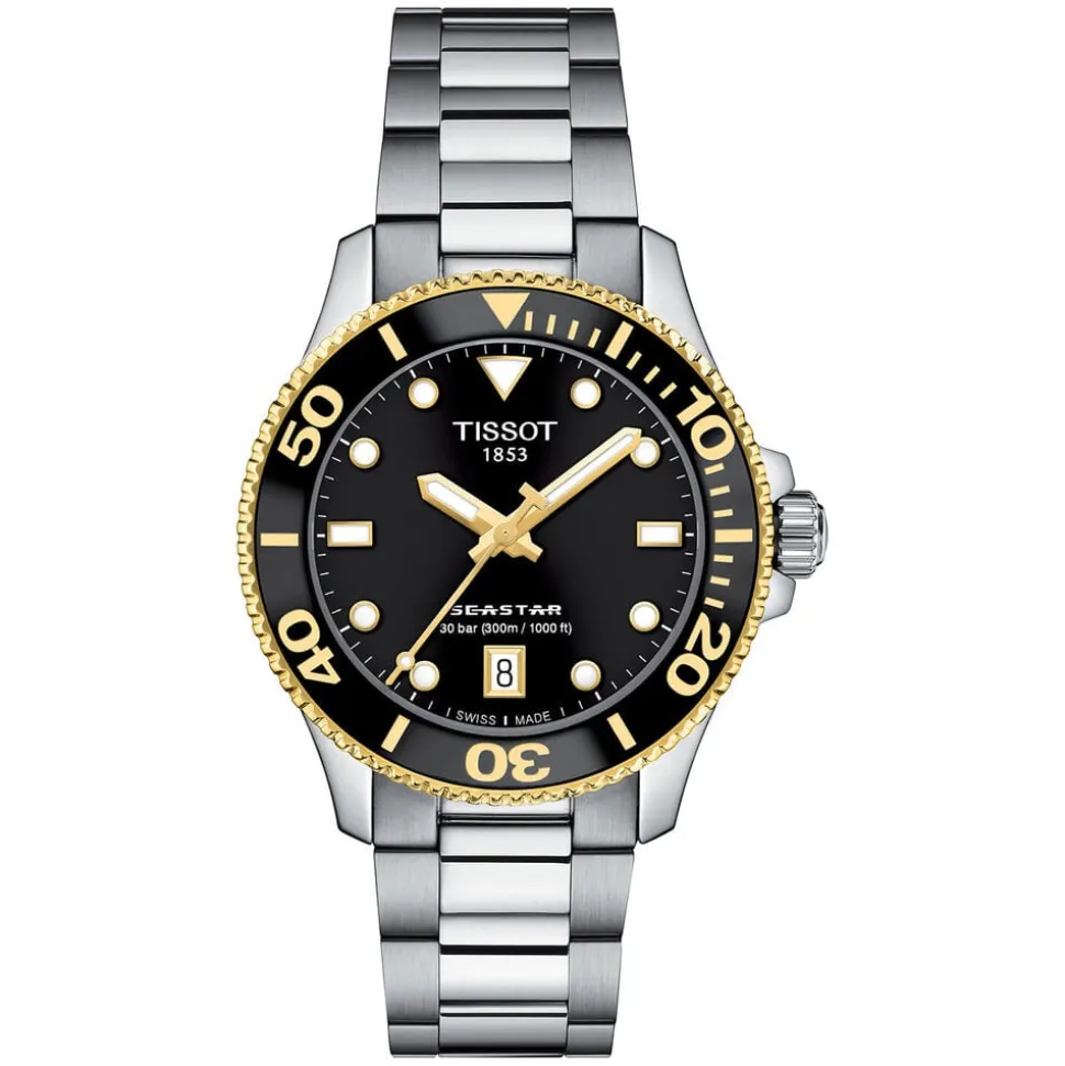 Tissot Seastar 1000 36mm Quartz Black Dial Yellow Gold PVD Case Steel Bracelet Watch