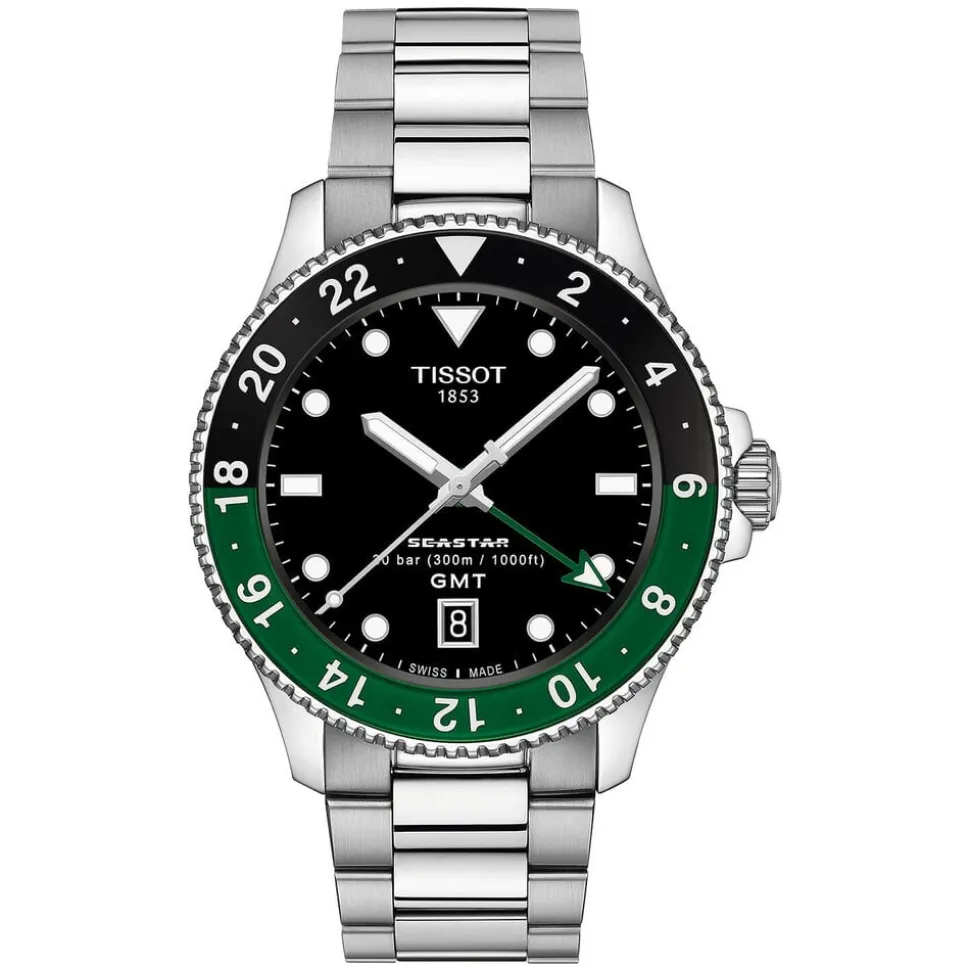 Tissot Seastar 1000 Quartz GMT 40mm Black Dial Black & Green Bezel Steel Bracelet Watch