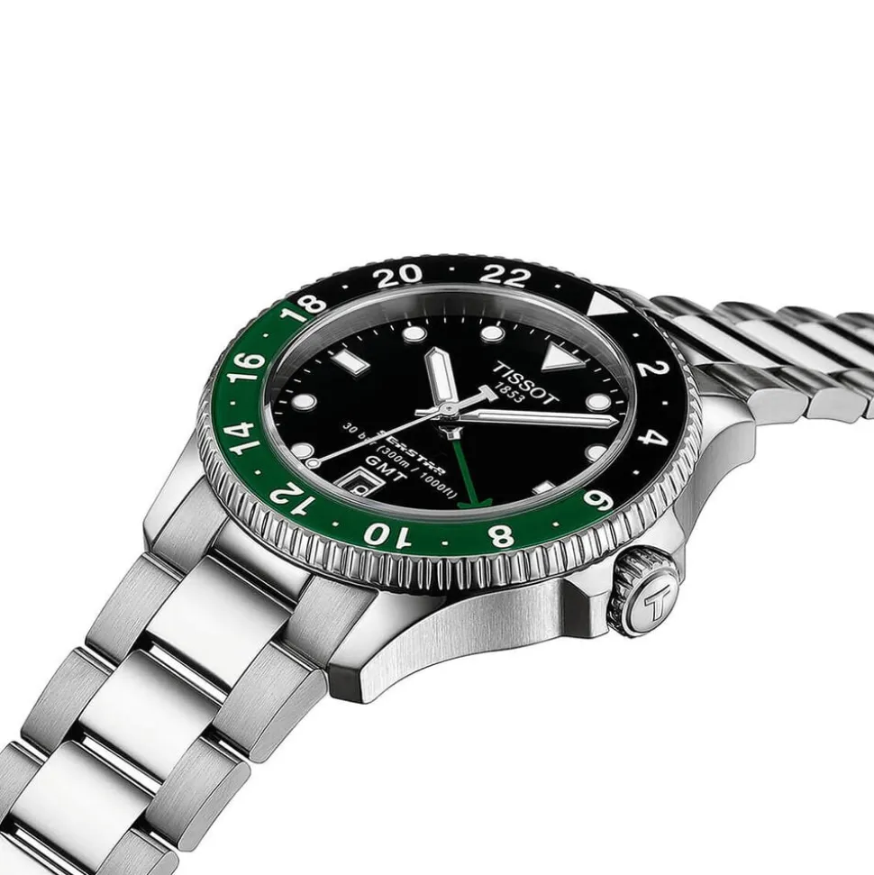 Tissot Seastar 1000 Quartz GMT 40mm Black Dial Black & Green Bezel Steel Bracelet Watch